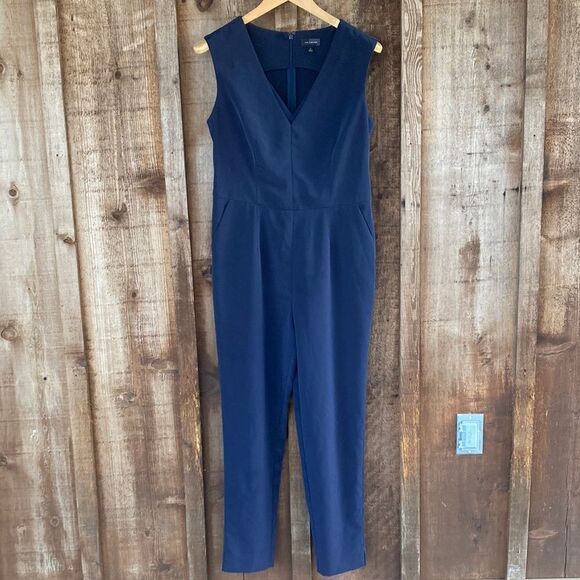 The Limited Solid Navy One Piece Sleeveless Double V-neck Strait Leg Jumpsuit - Picture 2 of 9